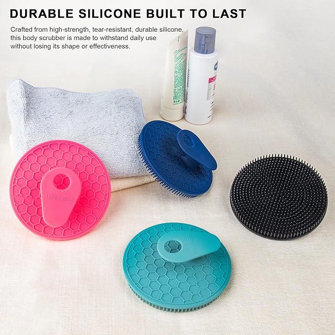 INNERNEED Food Grade Silicone Body Scrubber Gentle Exfoliating Brush for Women Men Deep Clean for All Skin Types, More Hygienic and Well Lather (Dark Green+Pink)