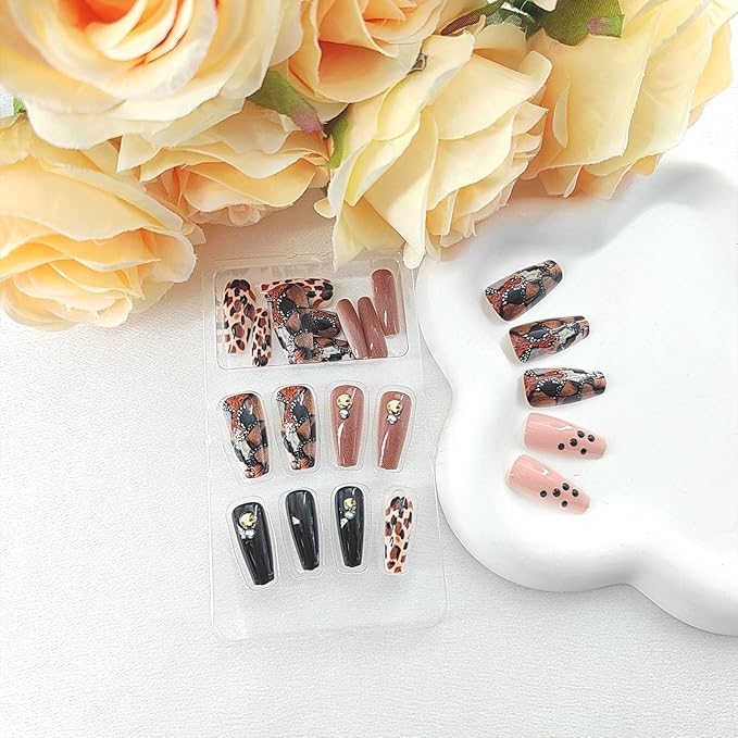 Coffin Press on Nails Medium Fake Nails Brwon Black Full Cover Coffin Nails Press ons with Dot Leopard Design Patterns Glue on Nails Glosy False Nails Cute Artificial Stick on Nails for Women 24Pcs