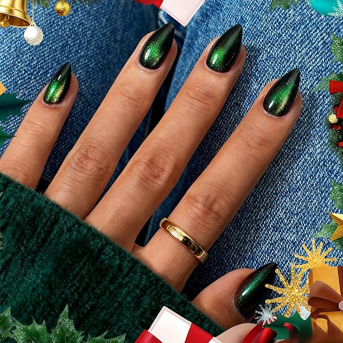 KQueenest Cat Eye Press On Nails Short Almond, Christmas Press On Nails with Glue, Sparkle Neon Green Black Fake Nails Stiletto, Soft Gel Glue On Nails for Woman, Long-Lasting Glitter Effect, 30 Pcs