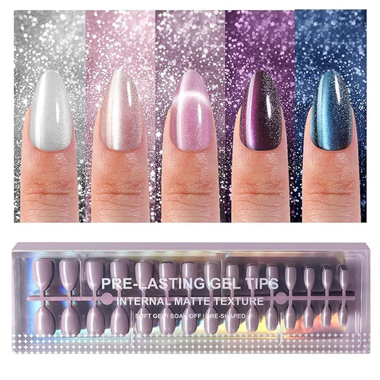 150Pcs Cat Eye Press on Nails, Plauva Medium Almond Fake Nails, Glossy Glitter Cat Eye Nail Tips, Soft Gel Stick On Nails for Women and Girls 15 Sizes