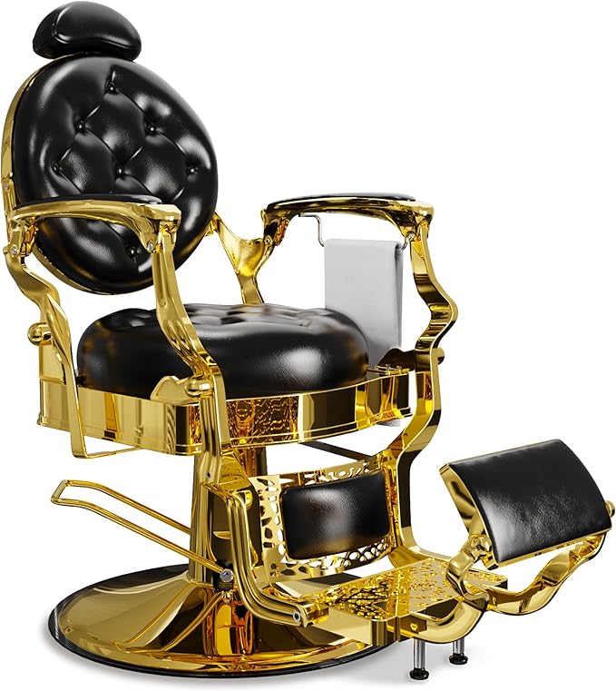 Baasha Vintage Reclining Barber Chair with Adjustable Headrest, Heavy-Duty Metal Frame & Cushion Support, Gold Trim Salon Chair, 550 lbs Capacity