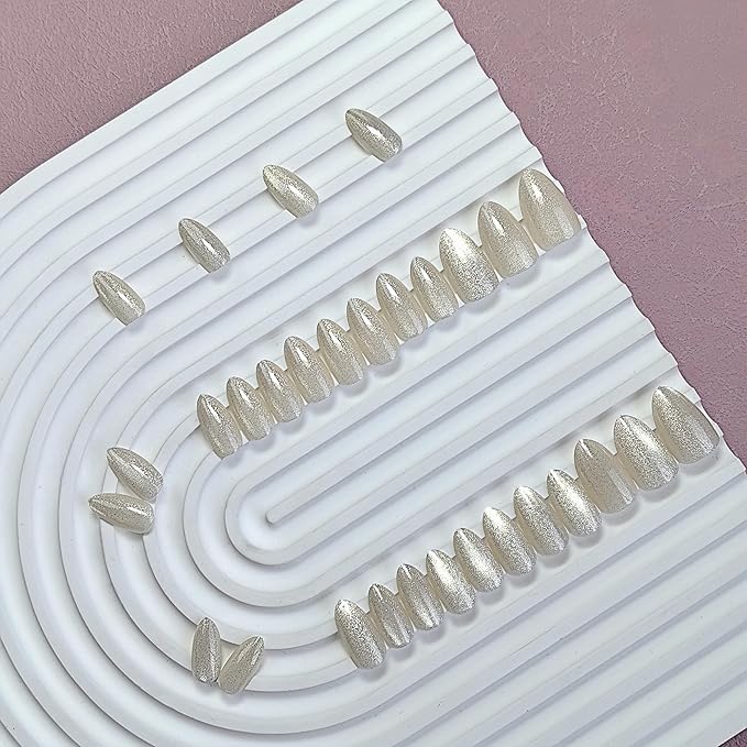KQueenest Cat Eye Press On Nails Short, Acrylic Press On Nails Almond, Sparkle Milky White Fake Nails With Glue, Recycled Soft Gel Glue On Nails for Woman, Long-Lasting Glitter Effect, 30 Pcs