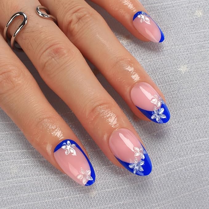 Blue French Tip Press-On Nails with 3D Flower Design, Almond Shaped Fake Nails, Glossy Reusable Stick-On Nails for Women, 24Pcs Full Cover Nail Kit