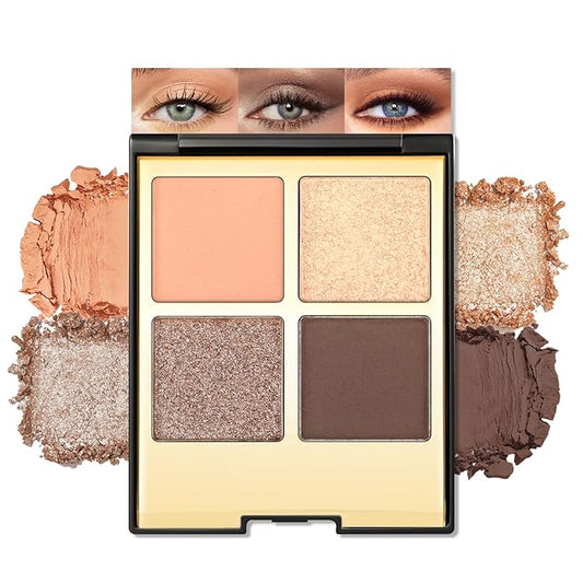 Erinde 4 Colors Eyeshadow Palette Eye Shadow Makeup, Matte Shimmer Metallic Peach Champagne Dark Brown Nude Neutral Eyeshadow, Long Wearing, Velvety Pigmented Blendable, Quad Eye Shadow Palette, 02