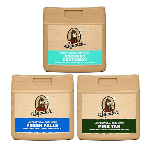 Dr. Squatch NEW Body Wash for Men with Nourishing, Natural Ingredients | No Paraben, Phthalate, Sulfate | All Day Moisturization | Fresh Falls, Coconut Castaway & Pine Tar (8 oz, 3-Pack)