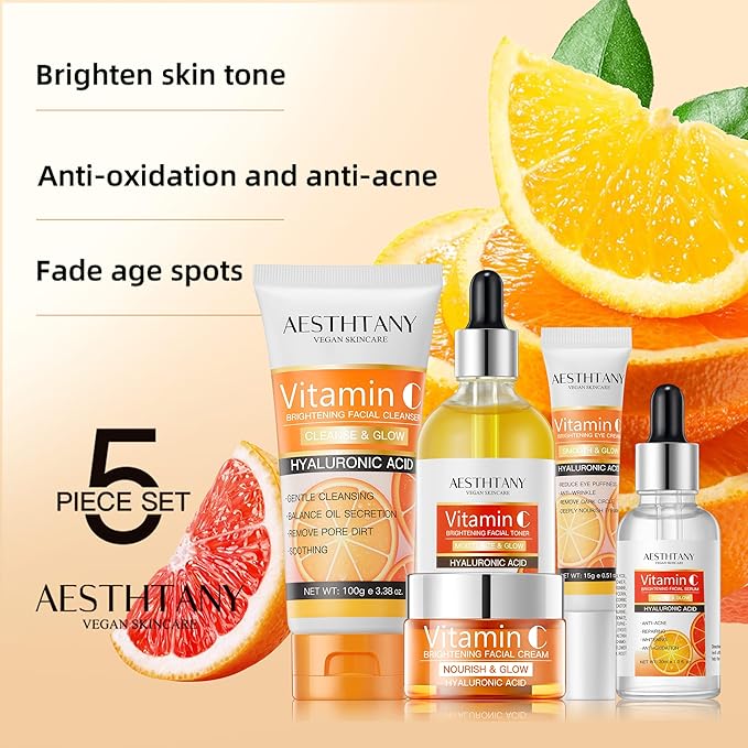 Vitamin C Skin Care Set with Moisturizing Hyaluronic Acid for Face Beauty Gift Set 5PCS