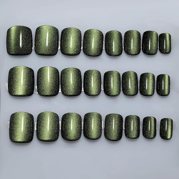 Short Square Press on Nails, Moss Green to Black Gradient Cat Eye Press on Nails with Glue for Women Ashionable Gel False Nails Reusable Acrylic False Nails Women's Glitter Nails Glue On Nails Kit