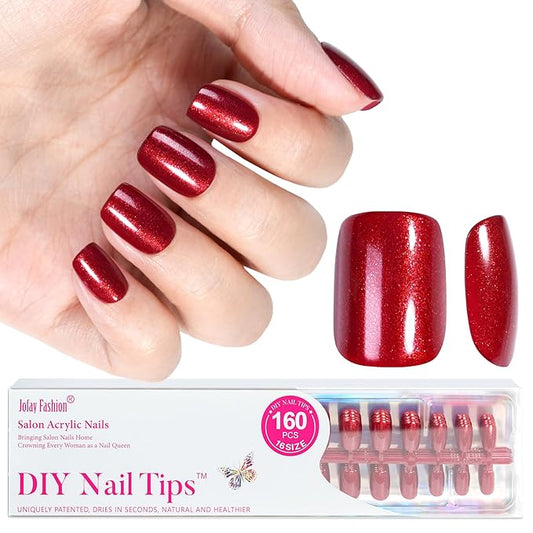 Press on Nails Short, Jofay Fashion 160Pcs Red Glitter Press On Nails Round, Bright Red Acrylic Fake Nails, Reusable Glue on Nails for Women, Salon Quality, Valentines Nails