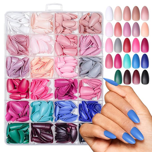 Press on Nails, 24 Colors 720PCS Short Almond False Nails with 15 Sizes, Full Cover Press on Nails for Women, Lightweight Matte Natural Fake Nails for Nail Art Design