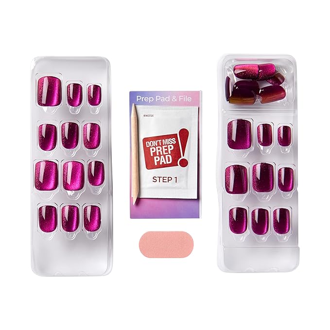 KISS imPRESS No Glue Mani Press On Nails, Color FX, 'Levels', Dark Pink, Short Size, Squoval Shape, Includes 30 Nails, Prep Pad, Instructions Sheet, 1 Manicure Stick, 1 Mini File