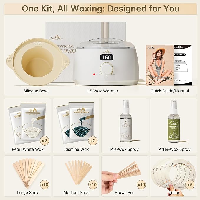 Lifestance Waxing Kit for Women & Men - L3 Digital Warmer, Silicone Wax Pot Liner, Hair Removal Kit with 4 Hard Wax Beads (14.1oz) & 45 Accessories, Professional for Brazilian, Bikini, Face, Leg, Body