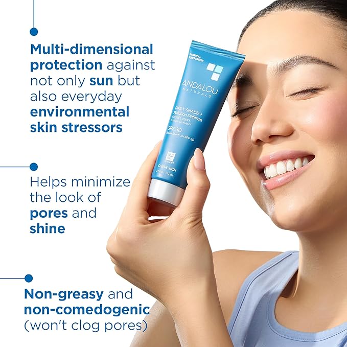 Andalou Naturals Daily Shade Face Sunscreen, SPF 30 Zinc Oxide Mineral Sunscreen, Sun + Pollution Defense Face Lotion, Helps Minimize Look of Pores, Matte Finish & Lightweight - 2.7 Fl. Oz.