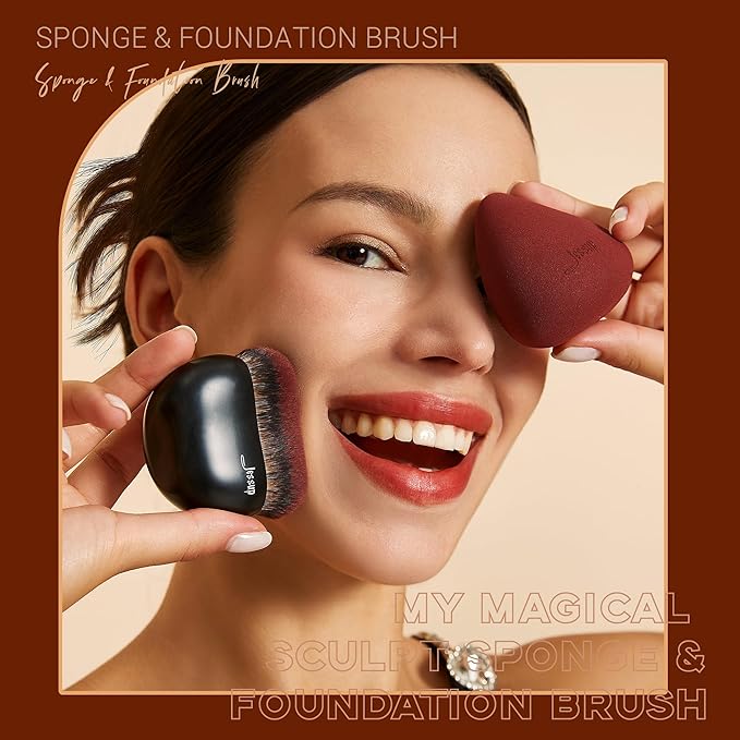 Jessup Foundation Brush with Makeup Sponge, Black Makeup Brush Flat Top Kabuki Brush for Liquid Blending Stippling, T881