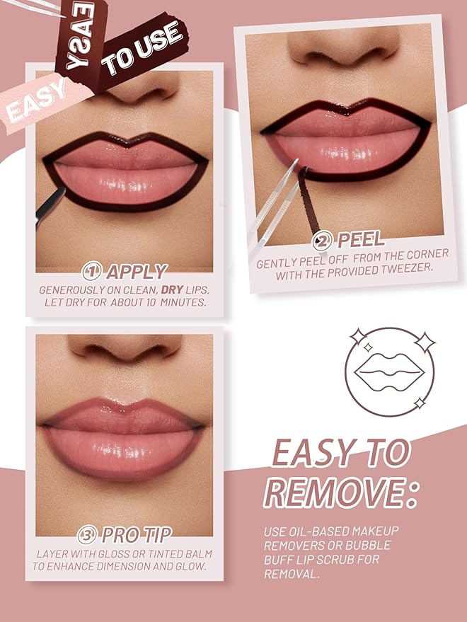 Lip Stain Peel Off Lip Liner Stain with Tweezer, Long Lasting Matte Lip Tint Tattoo, Highly Pigmented Color Lip Makeup, Waterproof Lipstick, Transfer-proof Lipstain for Women, Rose Pink