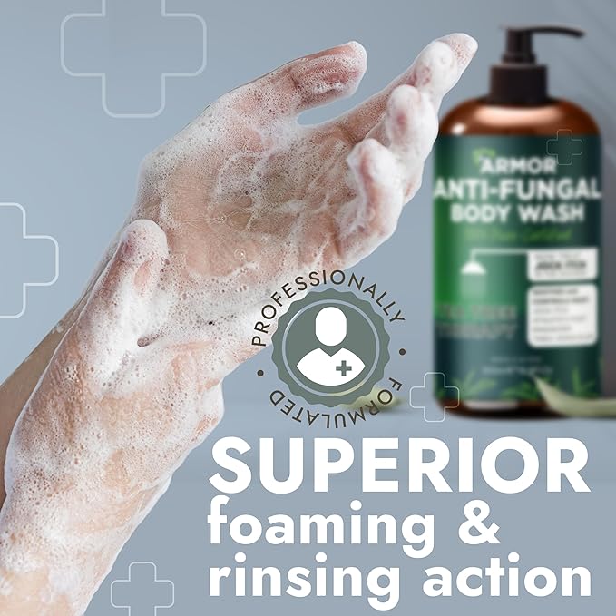 Antifungal Body Wash with Tea Tree Oil | Antibacterial Soap for Back Acne,Treats Ringworm, Eczema & Jock Itch | Antibacterial Body Soap For Men And Women | Includes Silicon Scrubber (16.9 oz)