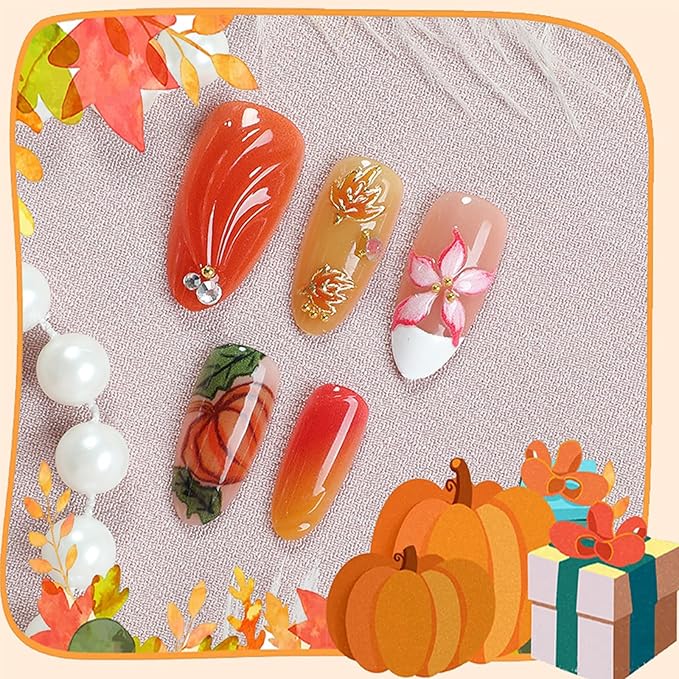 30Pcs Handmade Press on Nails Medium Almond Fall Fake Nails with 3D Gold Maple Leaves Designs Pink Flower Artificial Nails Thanksgiving Pumpkin False Nail Rhinestones Glue on Nail for Women