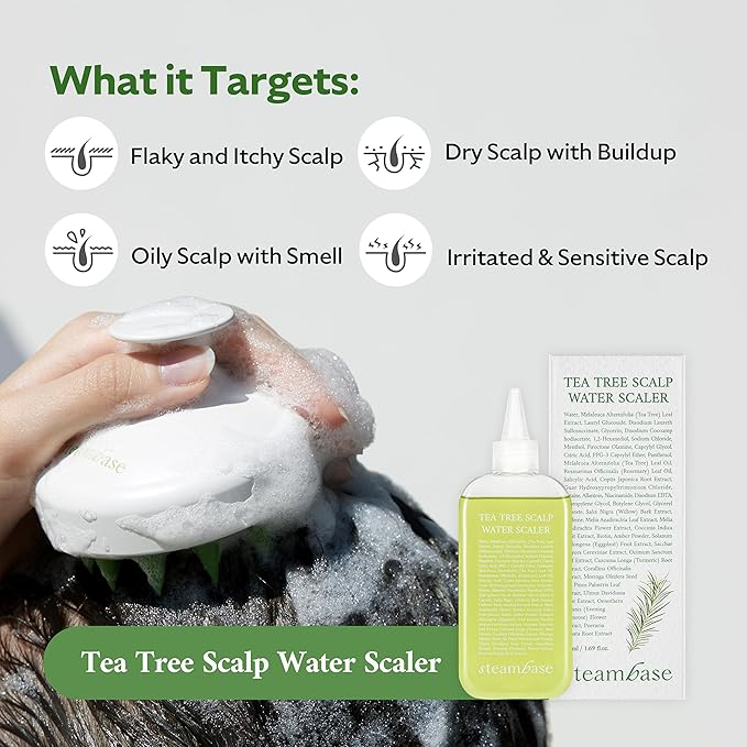 STEAMBASE Tea Tree Scalp Water Scaler | Exfoliator for Itchy Dry Flaky Scalp, Buildup Remover, Treatment for Excess Sebum Oily Greasy Hair | Korean Hair Care Products, Refill 16.9 fl oz