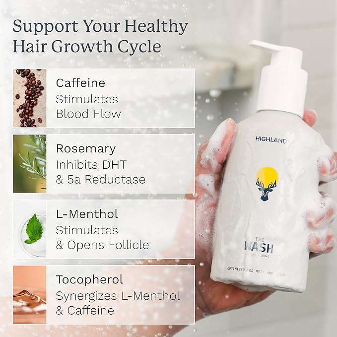 Highland: The Wash. Your new hair and scalp optimized shampoo alternative. Hydrating, balancing, nourishing & strengthening. Crafted with botanical ingredients.