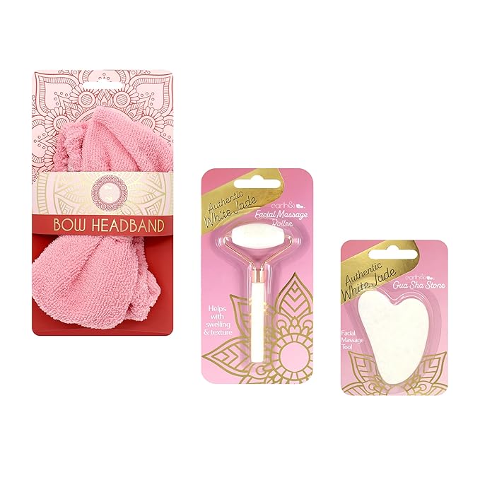 Earth & I Fuzzy headband White Jade Roller & Face Guasha Set 3pc, At Home Spa Essentials, Women Self Care, Face Tool for Lymphatic Drainage, Gua Sha Roller, Gusha, Spa Accessories for Women