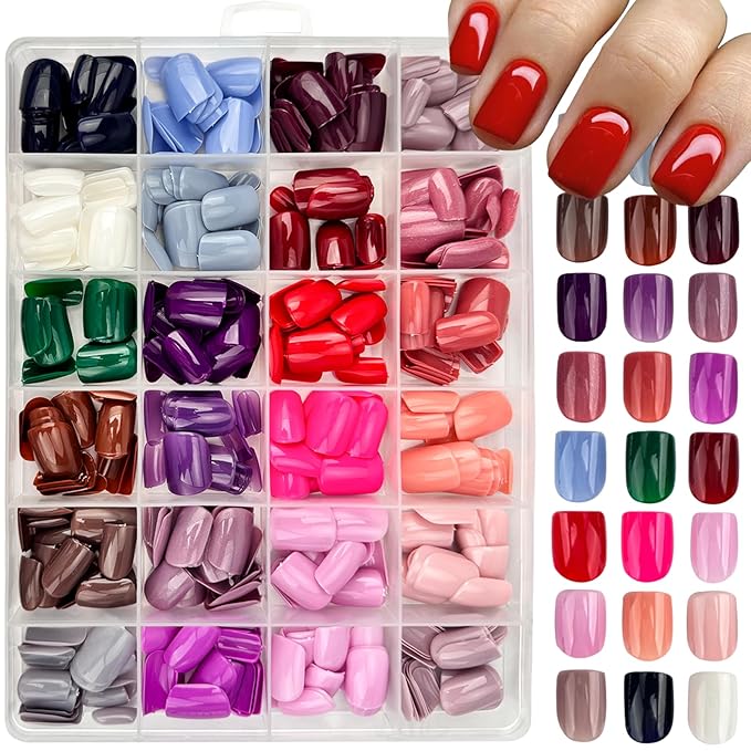 576Pcs Press on Nails Short Square Fake Nails Solid Color False Nails Full Cover Glossy Acrylic Glue on Nails Reusable Artificial Nail Stick on Nail for Women Manicure
