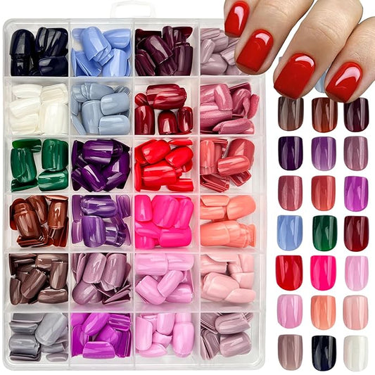 576Pcs Press on Nails Short Square Fake Nails Solid Color False Nails Full Cover Glossy Acrylic Glue on Nails Reusable Artificial Nail Stick on Nail for Women Manicure