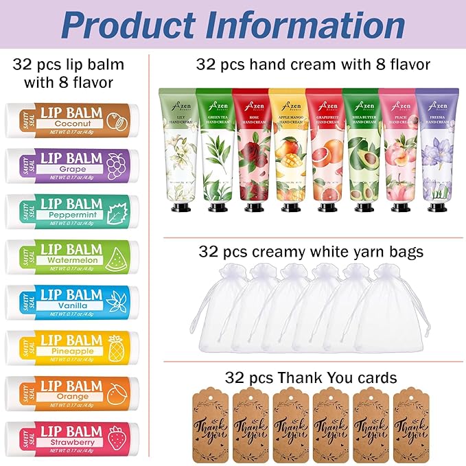 AZEN 32 Sets Bulk Gifts, Hand Cream and Lip Balm Bulk Set with Organza Bag Thank You Card, Baby Shower Wedding Gifts for Guests, Bridal Wedding Favors for Guests,Thank You Gifts for Women