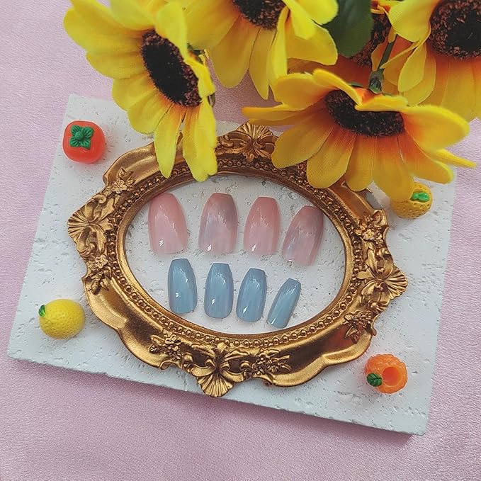 Coffin Press on Nails Short Fake Nails with Marble Designs Blue Nails Press ons Glossy Glue on Nails Daily Wear Simple Acrylic Nails Pink False Nails Spring Summer Stick on Nails for Women 24Pcs