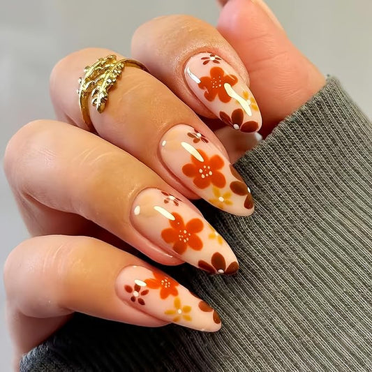24Pcs Brown Flower Press on Nails Almond Medium Fake Nails Autumn Winter Maillard Color Design Petite Glue on Nails Floral Acrylic Nails Fall Daisy Full Cover Stick on Nail Artificial Nails for Women