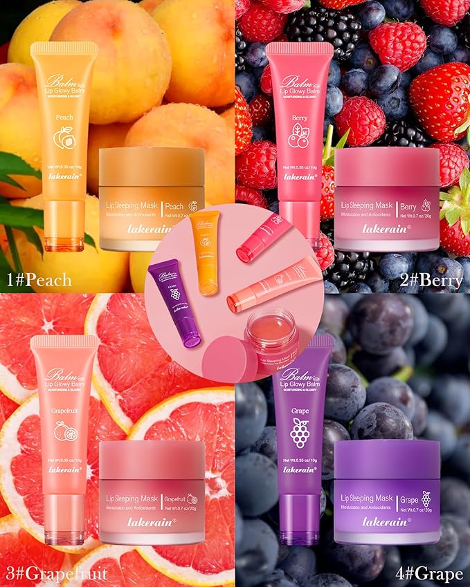 2Pcs Lip Glowy Balm & Lip Sleeping Mask Set,Hydrating Nourishing Repair Sleeping Lip Mask,Glossy Tinted Lip Balm,Day & Night Smooth Cracked Chapped Dry Lip,Lip Care Therapy Treatment for Women-04Grape