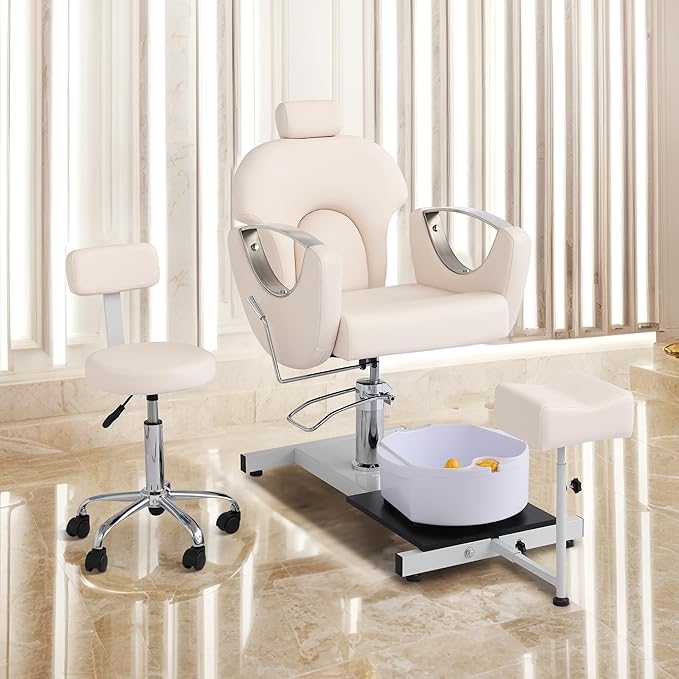 Pedicure Station No Plumbing, Hydraulic Pedicure Chair for Nail Tech, Height Adjustable Reclining Pedicure Station Unit, 360 Degree Swivel Foot Spa Chair with Massage Foot Bath (White)