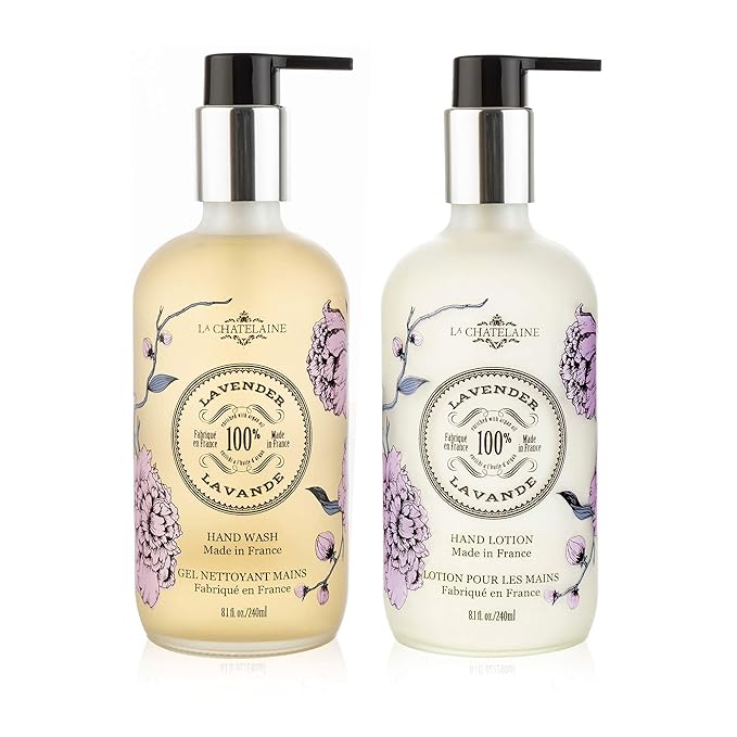 La Chatelaine Hand Wash & Lotion Set | Sulfate Free | Frosted Glass Bottles | Nourishing Shea Butter Formula | Natural and Organic | Made in France | 2 x 8.1 oz. (Lavender)