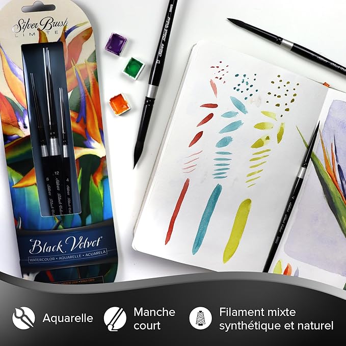 Silver Brush Limited BV-3056S Black Velvet Short Handle Large Round Brushes, Mixed Filament with Very Soft Tips, 3pc Professional Artist Painting Bundle for Watercolors, Gouache, Dyes & Silk Painting