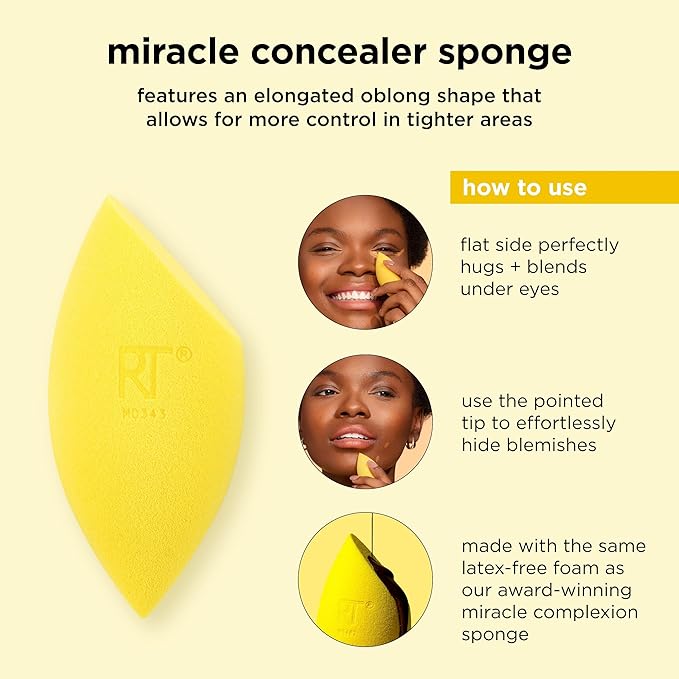 Real Techniques Miracle Concealer Sponge, Makeup Blending Sponge For Liquid & Cream Concealer, Elongated Shape For Precise Application Under Eyes & Tight Areas, Yellow, Latex-Free Foam, 1 Count