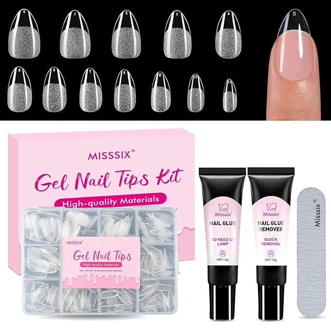 Misssix Short Almond Gel Nail Tips, 216Pcs Pre Etched Clear Fake Nails, Full Cover Soft Acrylic False Nail Glue and Nail Glue Remover for Women 12 Sizes