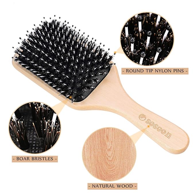 Hair Brush, 2 Pack Boar Bristle Paddle Hairbrush for Women Men Kids Reducing Frizzy, No More Tangle, Small Travel Brush Tail Comb & Giftbox Included