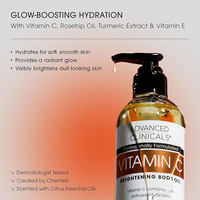 Advanced Clinicals Vitamin C Brightening Body Oil For Women & Men | Vitamin C Glow Oil Skin Care Body Moisturizer With Vitamin E + Botanicals To Help Improve Look Of Dark Spots + Dry Skin, 12 Fl Oz