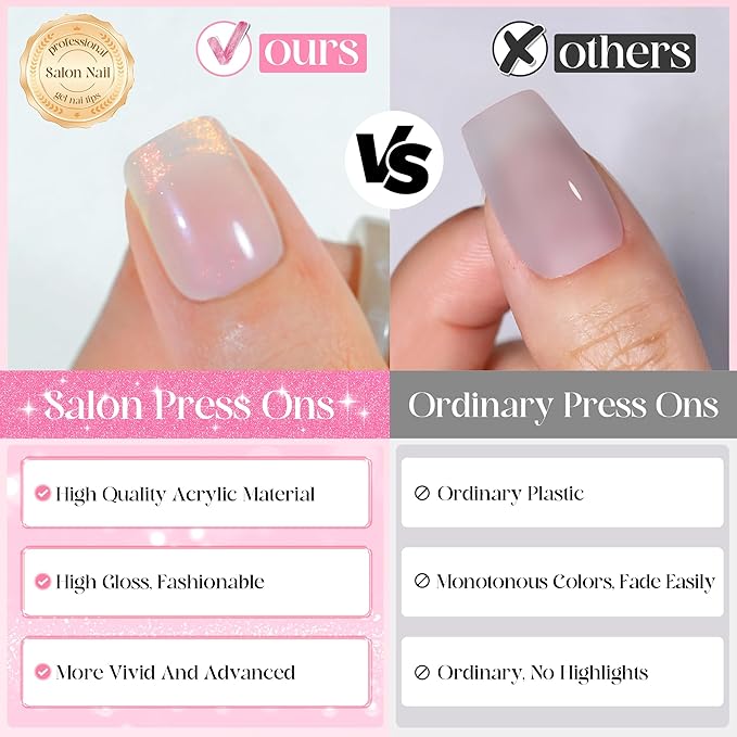 Chrome French Tip Press on Nails Short 5 Styles, Jofay Fashion 120Pcs Salon-Like Acrylic Fake Nails with Mermaid Pearl Chrome Gold Foil End Designs, Glossy & Natural Glue on Nails Set F