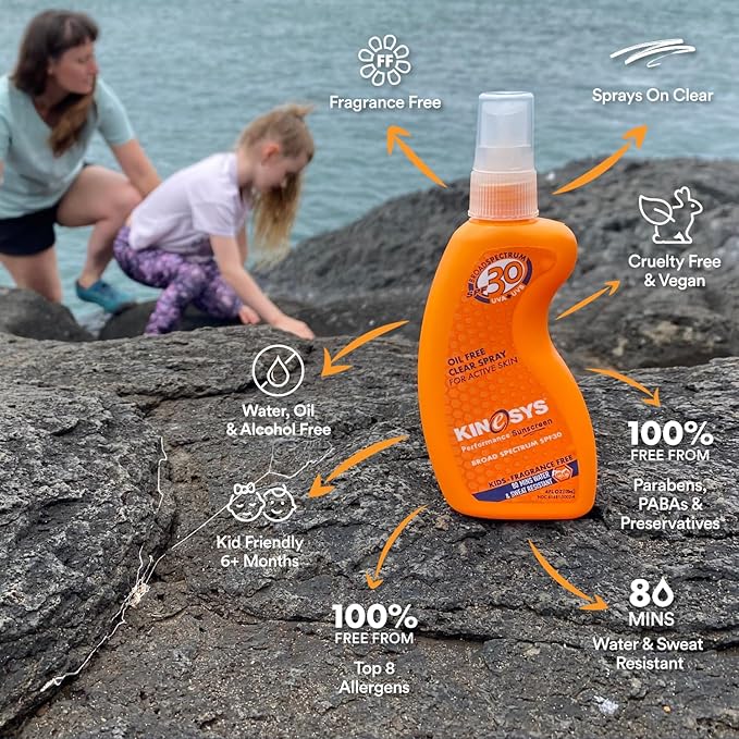 KINeSYS SPF 30 KIDS Fragrance Free Clear Spray Sunscreen for sensitive skin, Hypoallergenic, Broad Spectrum UVA/UVB protection for Face & Body; PABA and Oxybenzone FREE, 700+ Sprays, 4 Fl Oz/120 ml
