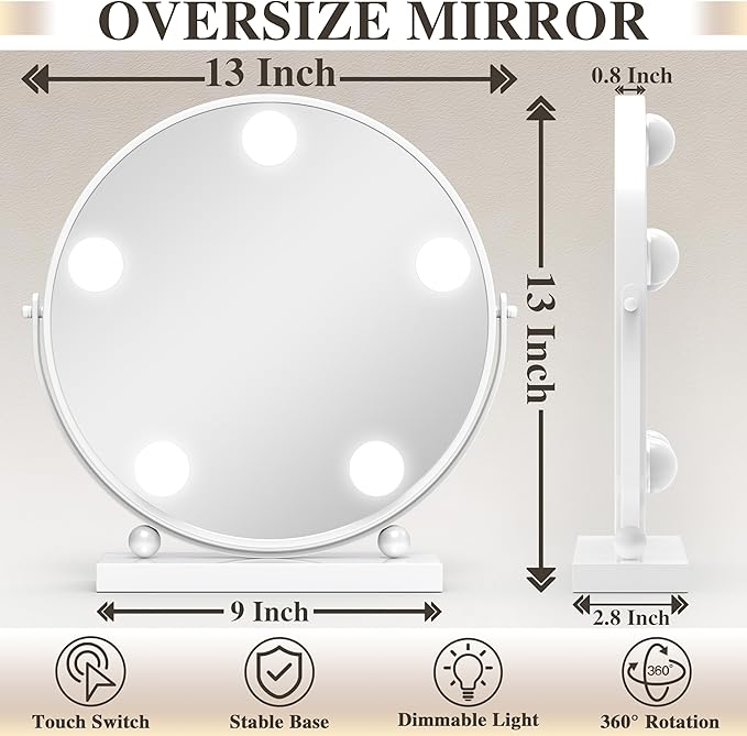 13 Inch Hollywood Vanity Mirror with Lights, Round Make Up Mirror with Lighting, LED Makeup Mirror with 5 Dimmable Bulbs for Bedroom Tabletop, Smart Touch Control, 360° Rotation