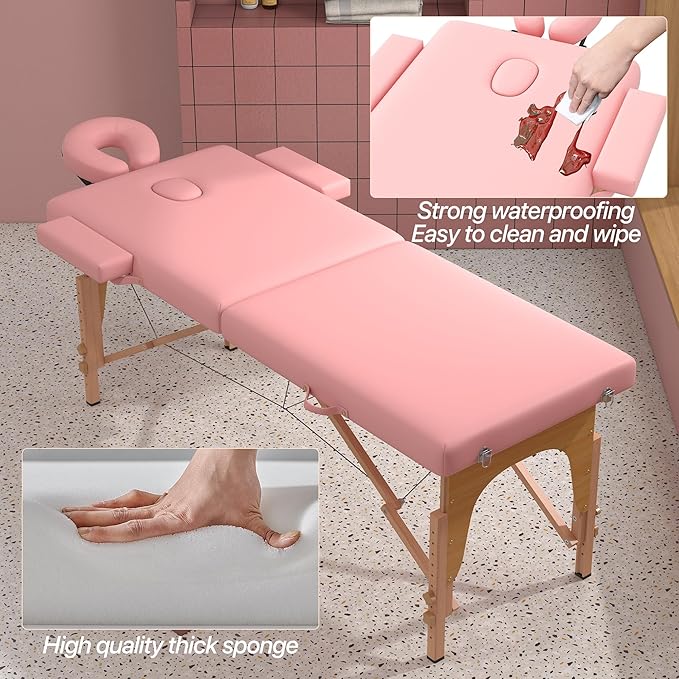 Massage Table Massage Bed, Portable 2 Section Foldable Tattoo Bed, Height Adjustable Lash Spa Bed with Face Cradle, Home Light Weight Facial Salon Bed with with Wood Frame, Light Pink