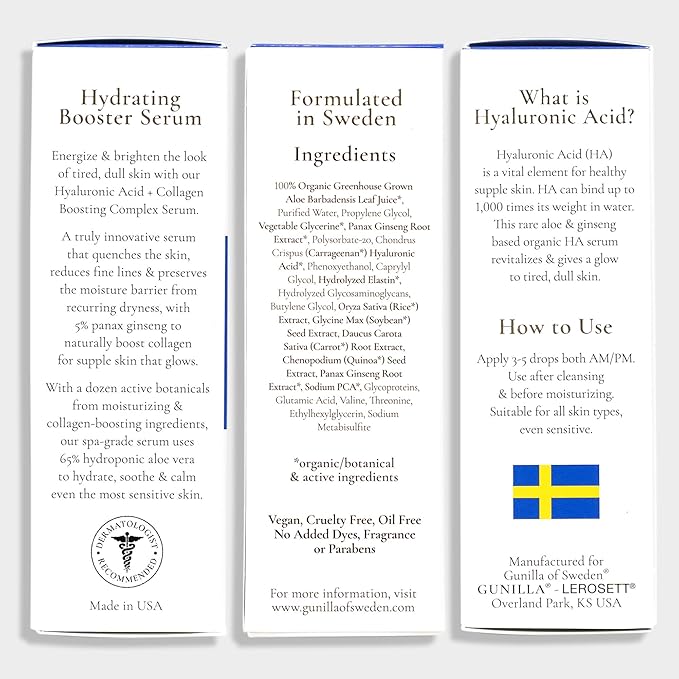 GUNILLA Hyaluronic Acid & Ginseng Serum: Vegan. Plant-Based Anti-Aging Serum, Plumping, Firming & Hydrating, Reduce the Appearance of Wrinkles. 14 Actives & Herbals. Natural. Oil-Free. 1 oz