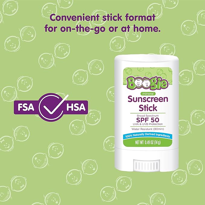Baby Sunscreen Stick by Boogie, Mineral Sunscreen SPF 50, Travel Size Sunblock for Kids, FSA/HSA Eligible, Zinc Oxide, Water Resistant, Vegan, Fragrance Free, Pack of 1