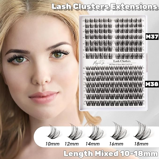 Lash Clusters 168pcs Manga Lash Extension 10-18mm Cluster Eyelash Extensions Natural Band Lash D-Curl Individual Lashes -M37+M38（Fairy+Natural）