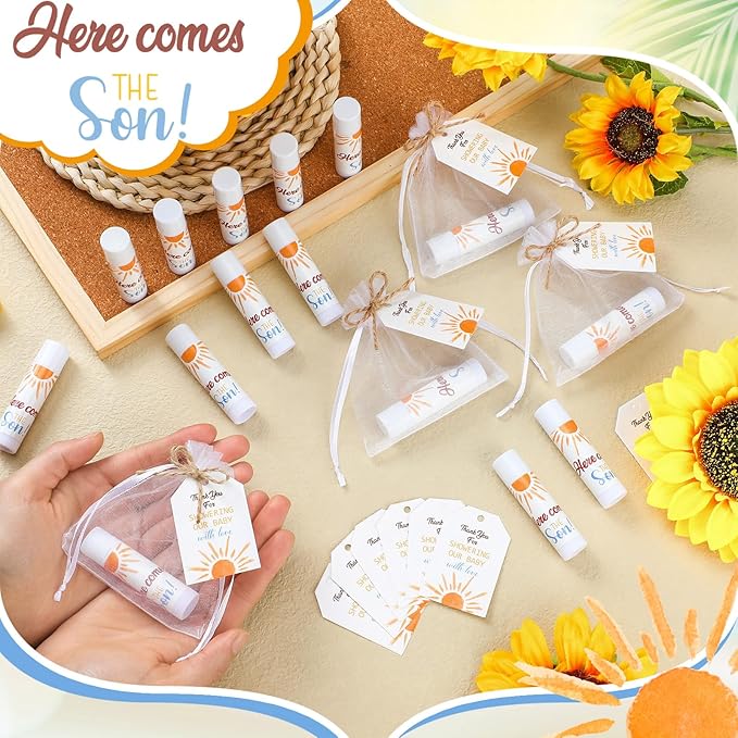 Dunzy 50 Pack Here Comes the Son Baby Shower Party Gifts Lip Balms Favors Bulk for Guests Boys Girls Gender Reveal Favors Baby Shower Game Prizes Souvenirs Goodie Bags Stuffers Thank You Gifts