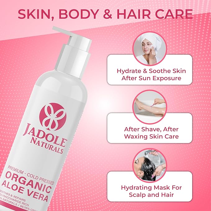 Organic Aloe vera Gel - 8.4 oz / 250ml | For Hair, Scalp, Face, Dry Skin, Sunburn, & Sensitive Skin -Reduces Redness, Helps Protect Damaged Skin | Cold Pressed, Vegan, 100% Natural
