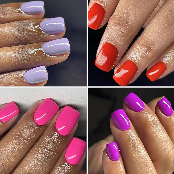 4 Packs 96Pcs Square Press on Nails Short Solid Fake Nails Glossy Pure Design Acrylic False Nails Full Cover, Glue Stick On Nails for Women's Manicure & Nail Art