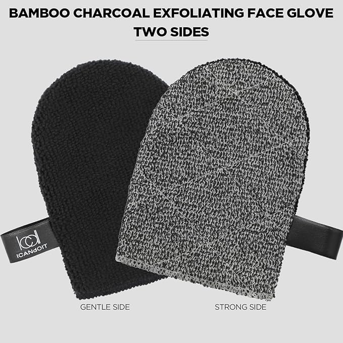 ICANdOIT Exfoliation Set-17.71 Inch Boar Bristles Back Scrubber Bath Brush,Shower Brush with No-Slip Curved Handle,Dual-Sided Face Exfoliation Glove