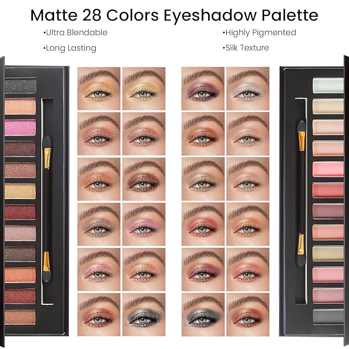 Makeup Kit for Women Full Kit, Travel Makeup Kit for, Makeup Present Set for Teens Girls Beginners Professionals, Makeup Bundle Include 2 Matte & Glitter Eyeshadow Palettes, Lip Gloss Set