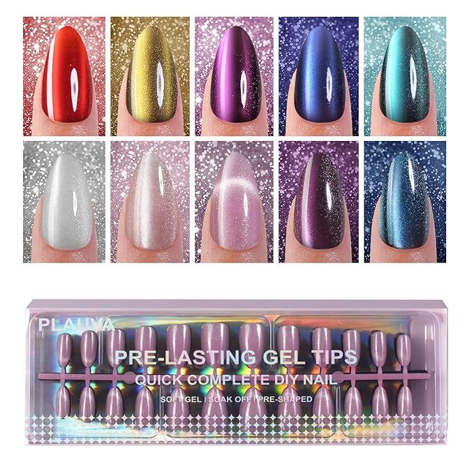 240Pcs Cat Eye Press on Nails Medium Almond, Plauva Soft Gel Fake Nails, Glossy Glitter Cat Eye Nail Tips for Women and Girls Stick On Nails in 12 Sizes