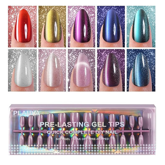 240Pcs Cat Eye Press on Nails Medium Almond, Plauva Soft Gel Fake Nails, Glossy Glitter Cat Eye Nail Tips for Women and Girls Stick On Nails in 12 Sizes